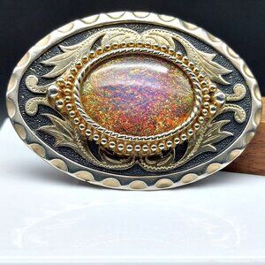 Vintage Western Brass Belt Buckle with Faux Fire Opal – Collectible Cowboy Acces